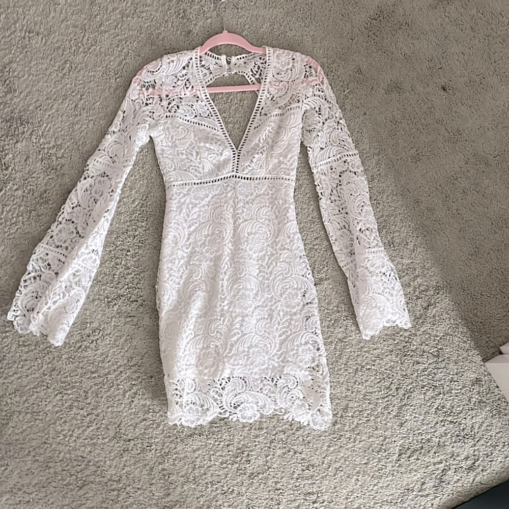 White Lace Dress with a V line drop neckline